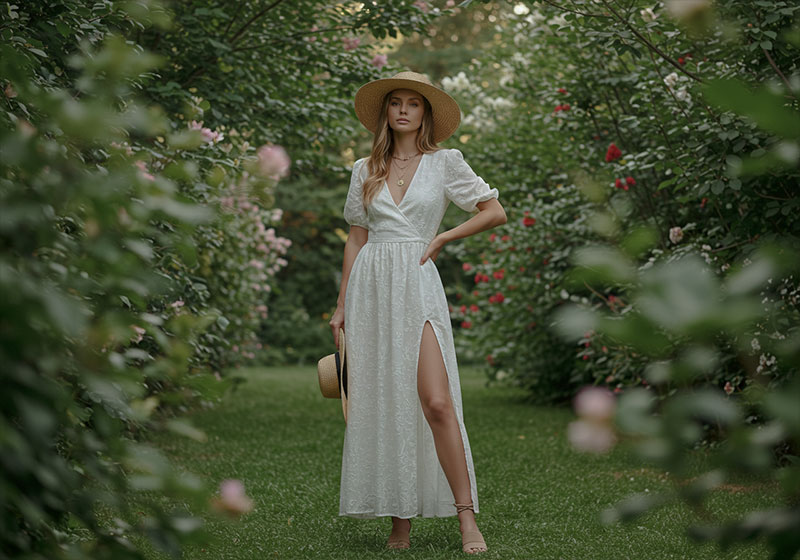 before - a fashion model in a long dress posing in a garden