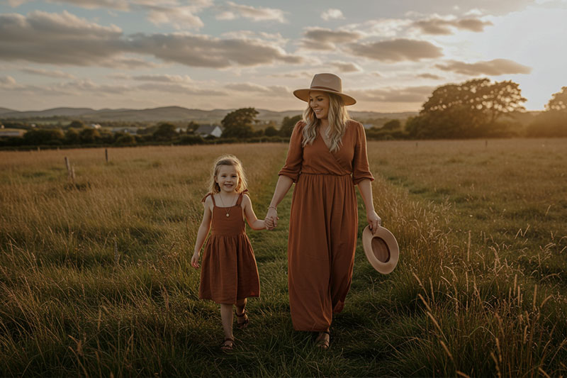 before - mother and daughter walking hand in hand in a field