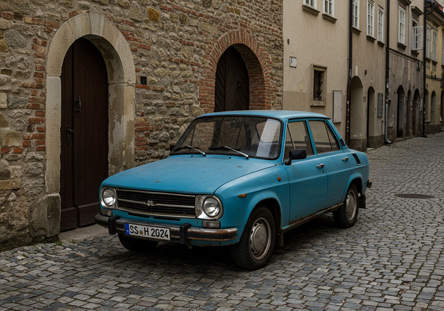 before - weathered blue Škoda car parked on a narrow cobblestone street