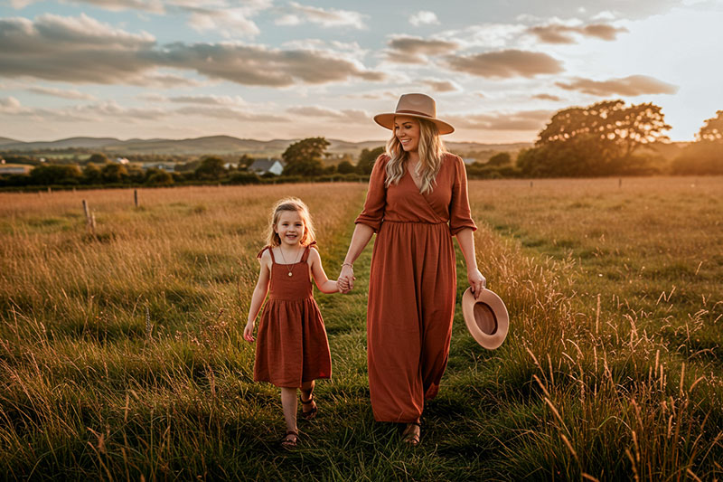 preset example - mother and daughter walking hand in hand in a field