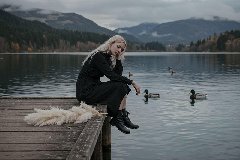 before - a young women sitting at the edge of a wooden dock by the lake