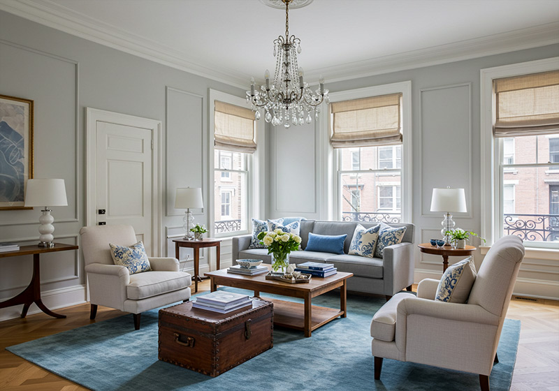 preset example - apartment living room with high ceiling and contemporary furniture