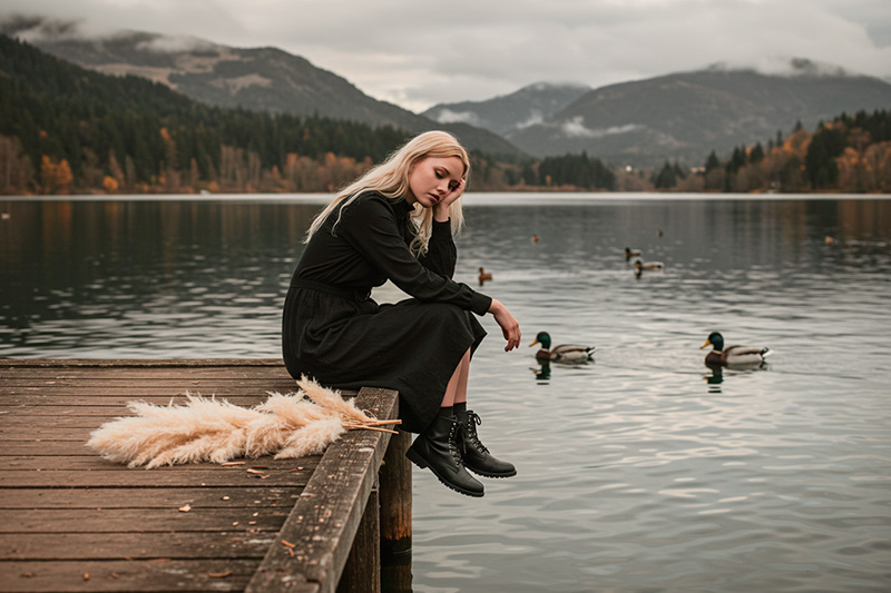 preset example - a young women sitting at the edge of a wooden dock by the lake