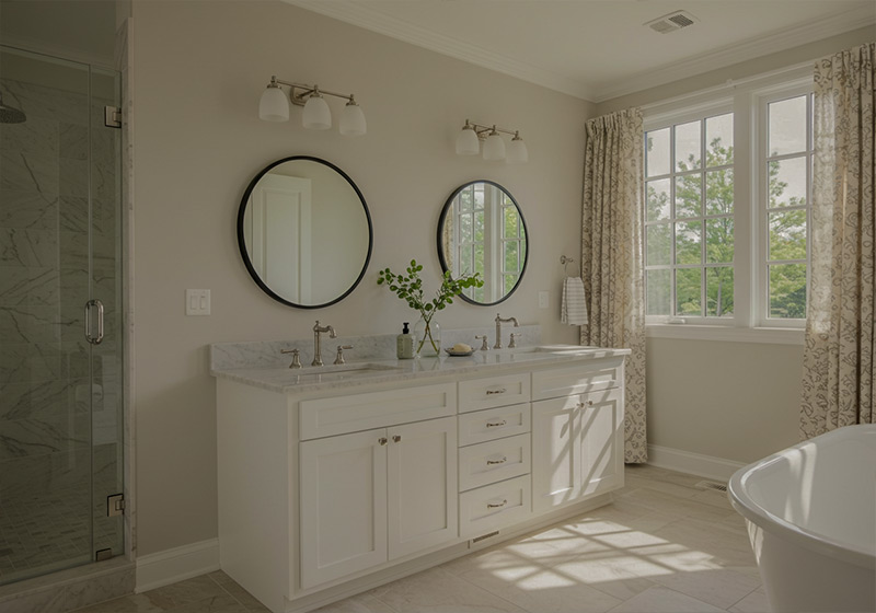 before - modern bathroom with two large round mirrors