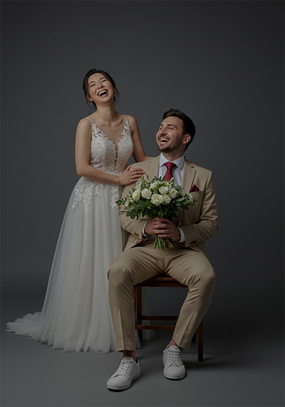 before - joyful couple in a studio setting