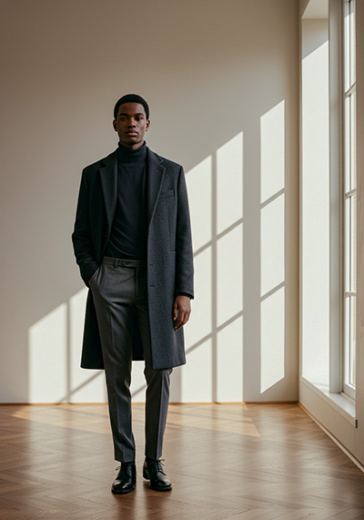 before - photo of a confident model wearing a dark gray overcoat