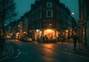 Color Grading Presets vs Cinematic Presets - Cinematic and color grading Lightroom presets comparison in photography. Showing a dramatic street scene at dusk, moody shadows, glowing city lights