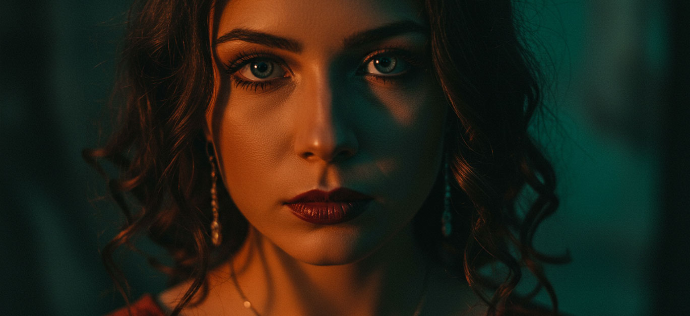 Cinematic presets for Lightroom - A close-up cinematic-style portrait with shallow depth of field, moody shadows, and teal/orange color grading.