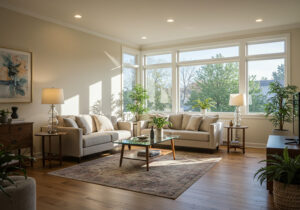 Mixed Lighting in Real Estate Photography - Living room with balanced daylight and interior lighting after Lightroom edit