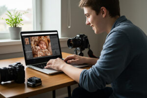 Lightroom Color Grading for Newbies Using Presets - Beginner photographer editing a photo in Lightroom with preset panel open
