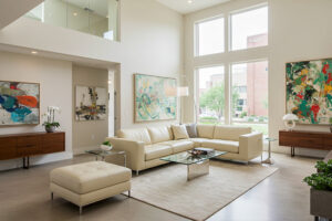 Reasons Interior Photographers Should Use Lightroom Presets - Modern living room with bright, balanced lighting, edited with Lightroom presets.