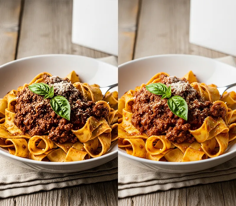 Clarity versus Texture slider comparison on a pasta bowl food photo edited in Lightroom