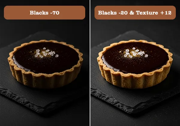 Shadow detail recovery on a dark chocolate tart in Lightroom showing crushed blacks versus recovered texture