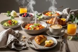 45 degree angle food photography of a styled brunch spread on a wooden table