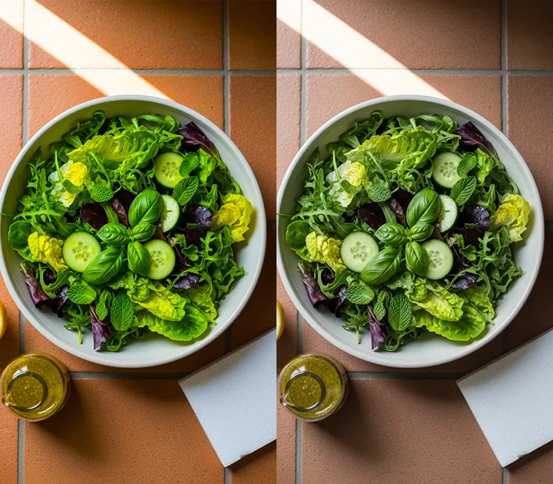 Lightroom HSL panel fix for flat green vegetables in a salad bowl food photo