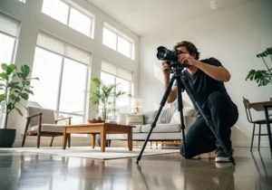 Photographer shooting HDR vs flambient real estate photo in a bright living room