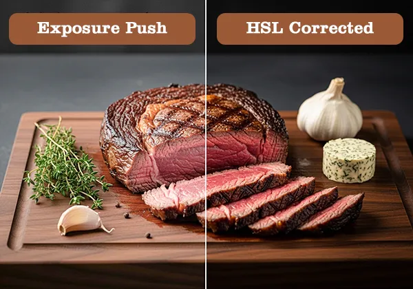 Grey meat tone fixed with Lightroom HSL red and orange saturation on a seared steak photo