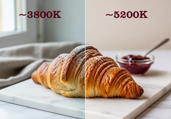 White balance comparison on a croissant food photo showing cold versus warm Lightroom edit